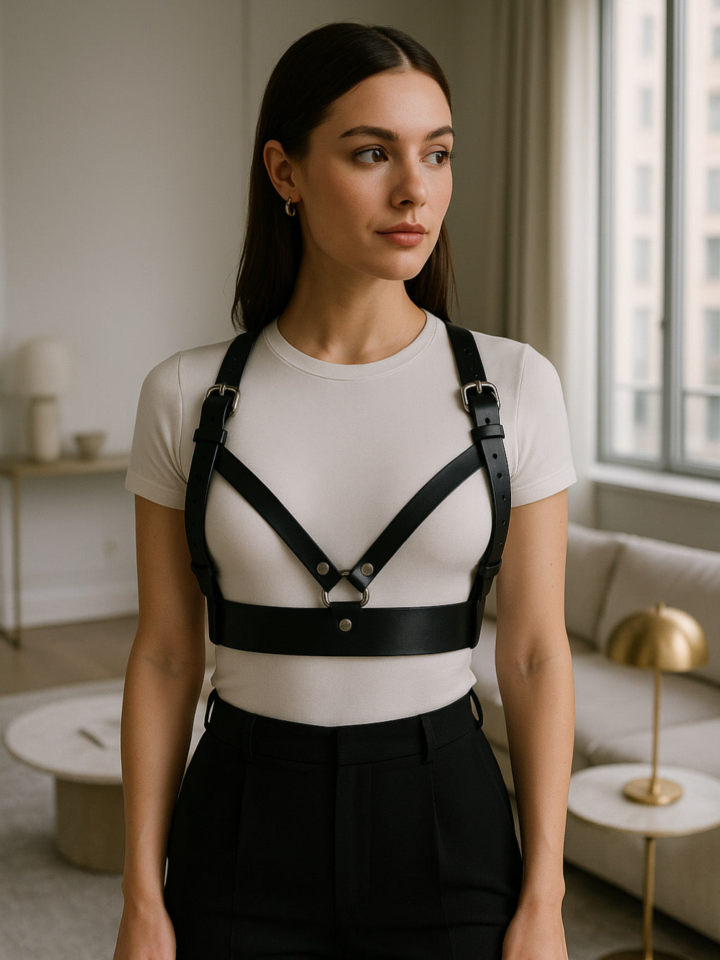Zephyra Chest Harness front - Kanella Leather