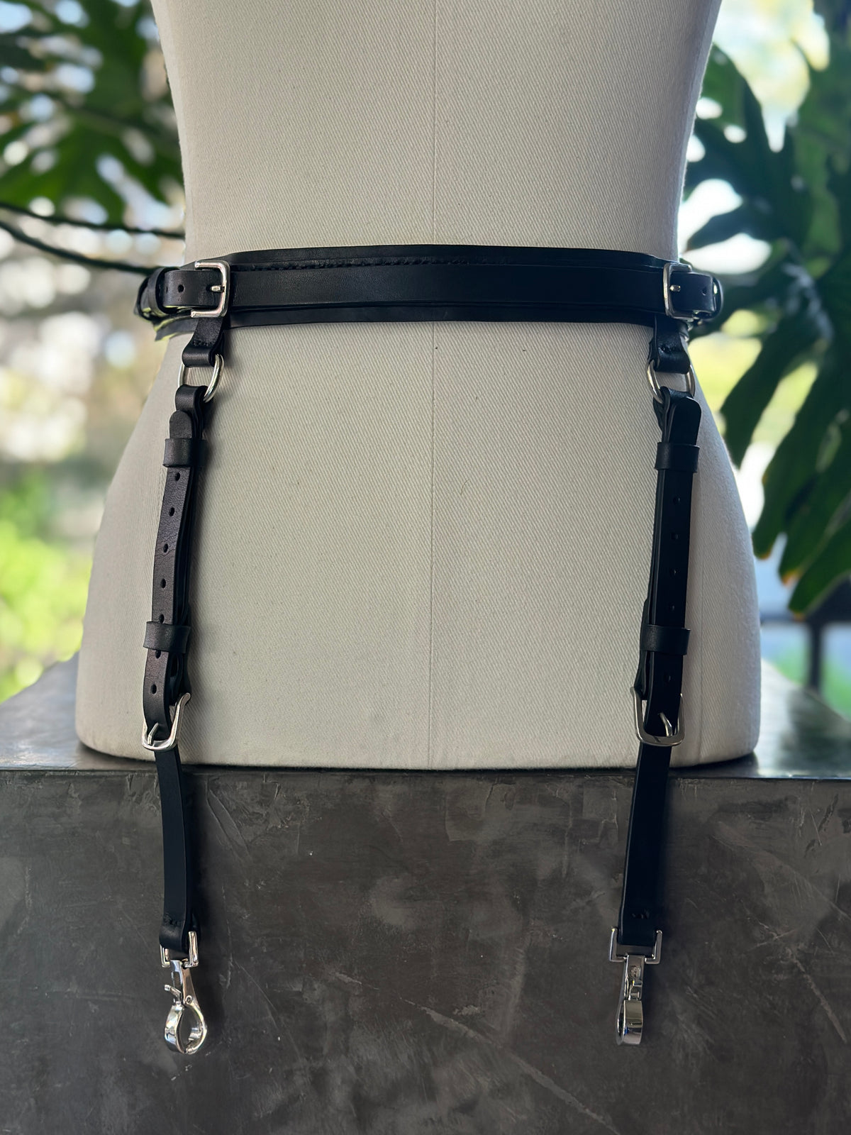 Black leather suspender belt with silver metal hardware - Kanella Leather