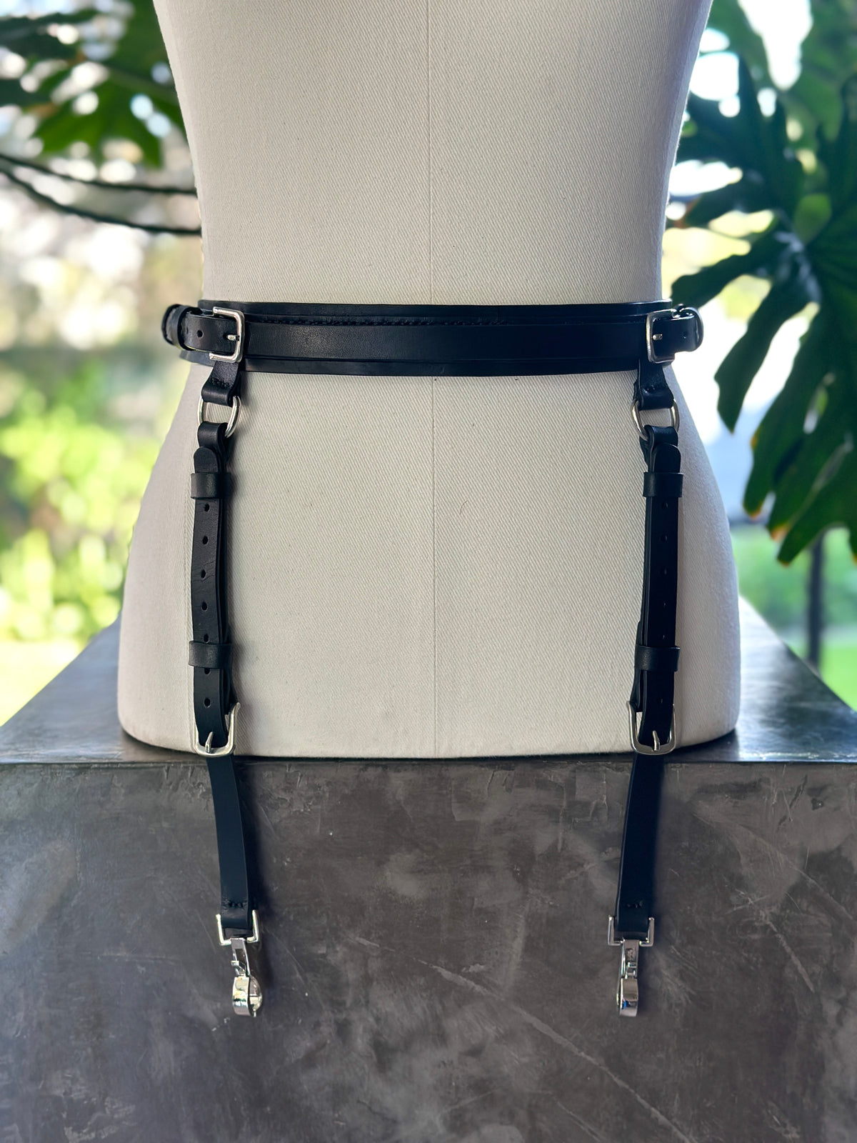 Black leather suspender belt with silver metal hardware - Kanella Leather