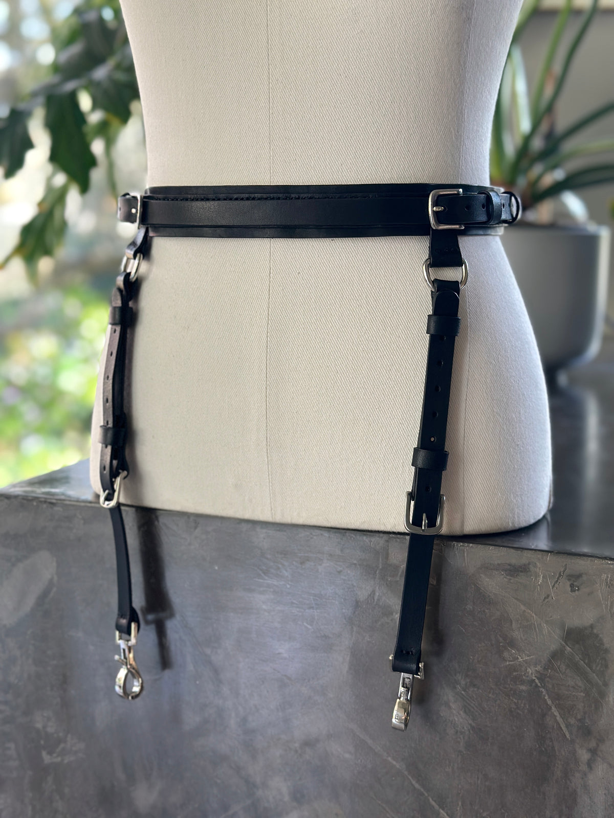 Black leather suspender belt with silver metal hardware - Kanella Leather