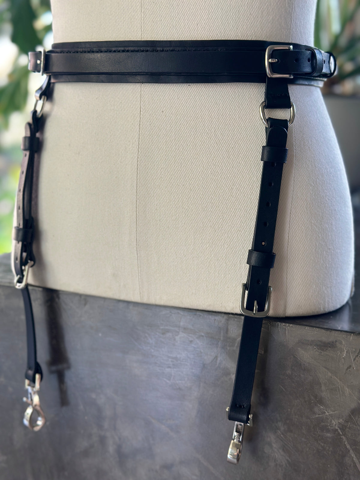 Black leather suspender belt with silver metal hardware - Kanella Leather