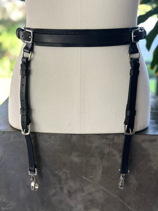 Black leather suspender belt with silver metal hardware - Kanella Leather