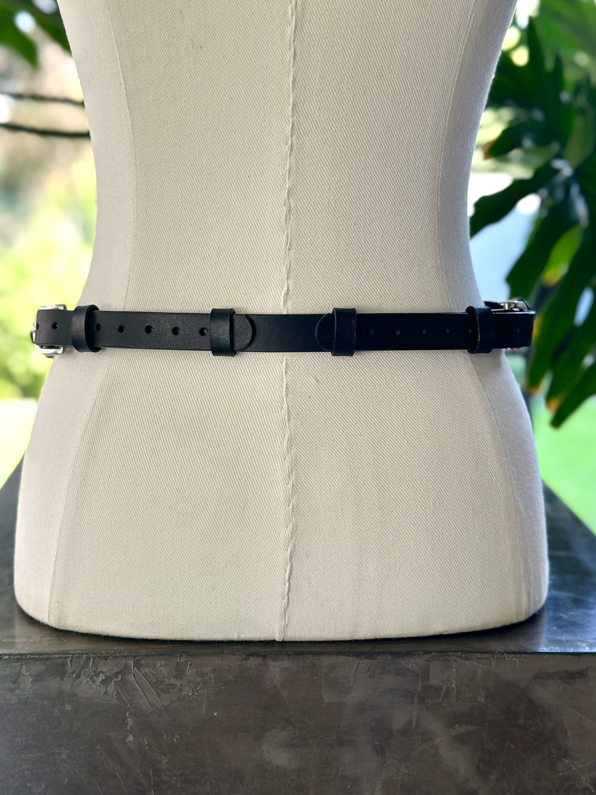 Black leather suspender belt with silver metal hardware - Kanella Leather